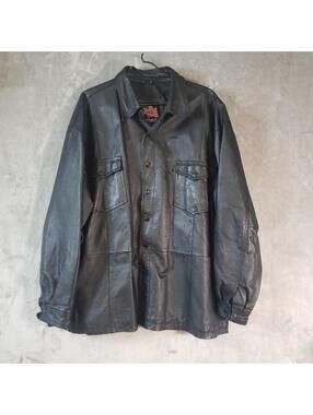 USA Leather Men's Black Genuine Leather Shirt Jacket 4XL Button Collared